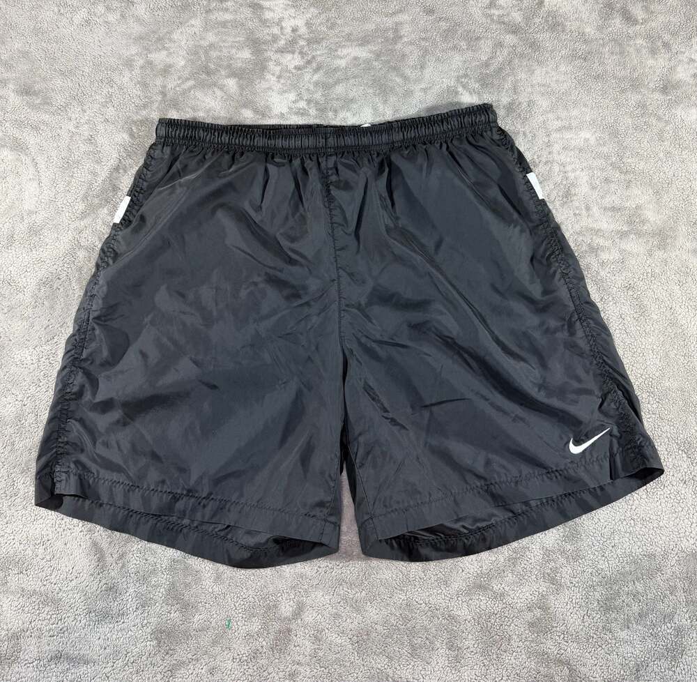 Vintage Nike Black Nylon Shorts Swim Trunks XL Mesh Lined White Stripe Spell Out